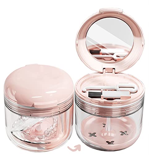 MURRI&MURRDI Tragbare Zahnprothese Box, Badebox für Prothesen mit Sieb, Zahnprothesen Behälter Box mit Spiegel, Falsche Zähne Dose Reinigung & Aufbewahrung Zahnprothese Box Lustig Dental Box (Rosa) von MURRI&MURRDI