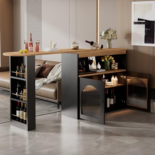 138-193X39X105CM Moderner ausziehbarer Bartisch,Ausziehbarer Esstisch mit Stauraum, Stehtisch Bistrotisch, drehbar, für Esszimmer,Mit 1m langem LED Lichtstreifen(Einstellbare Lichtfarbe),Schwarz von MURUL