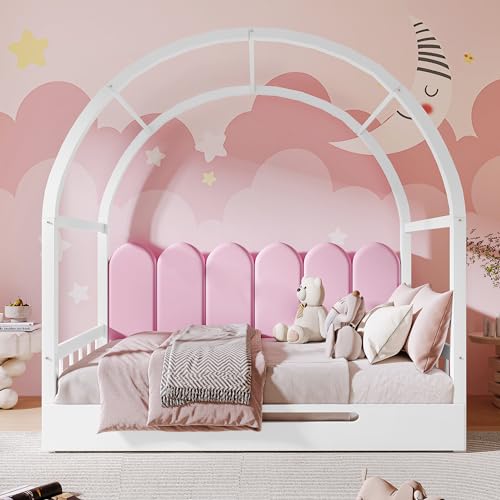 140 x 200 cm (Mit Matratze) Erweiterbares Gewölbtes Dachbett, Schiebebett, Kinderbett, Tagesbett, Doppelbett, Samtkissen, Rahmen aus Kiefernholz, Weiß+Rosa, Matratze aus weißem Schwamm von MURUL