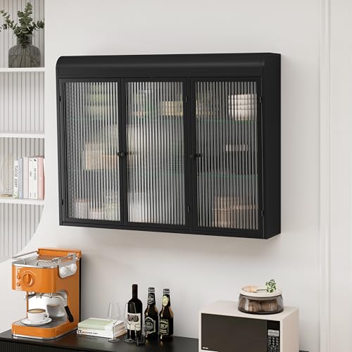 Arched Glass Cabinet 3 Door Wall Mounted for Kitchen, Living Room and Bathroom (Black) von MURUL