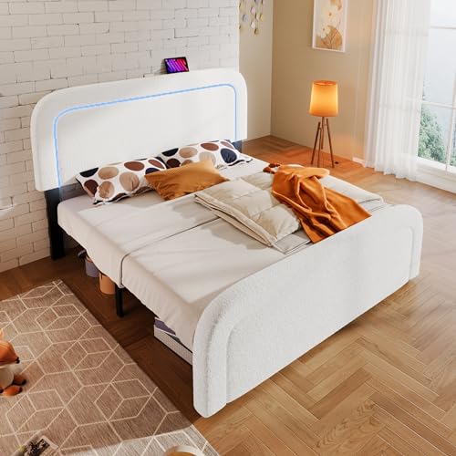 Bettgestell mit USB Typ C Ladefunktion LED-Beleuchtung 160x200cm, Doppelbett Polsterbett, Höhenverstellbarem Kopfteil, Lattenrost aus Holz, Sherp-Weiß (Ohne Matratze) von MURUL
