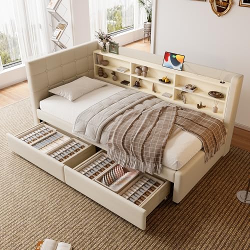 Daybett 90x200cm mit Lattenrost und 2 Schubladen, Schlafsofa mit USB + Typ C Anschlüssen, Mehreren Ablagefächern, Leinen Beige (ohne Matratze) von MURUL