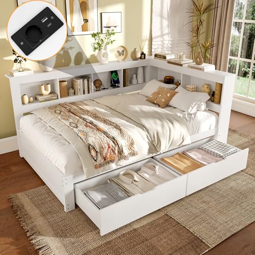 Daybett Schlafsofa 140 x 200 cm Tagesbett mit Zwei Schubladen Mit Steckdose und 2 USB-Anschlüssen Bett mit Lattenrost ohne Matratze Spanplatte Weiß von MURUL