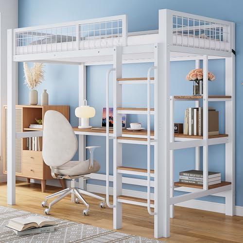 Eisenrahmenbett, Etagenbett mit Tisch und Regalen, Mit Fallschutzgitter, Geeignet für Kinder und Jugendliche, Mit fünfstufiger Leiter, Eisen + MDF, Weiß+Natur Eisenrahmenbett, Etagenbett mit Tisch und Regalen, Mit Fallschutzgitter, Geeignet für Kinder und Jugendliche, Mit fünfstufiger Leiter, Eisen + MDF, Weiß+Natur von MURUL