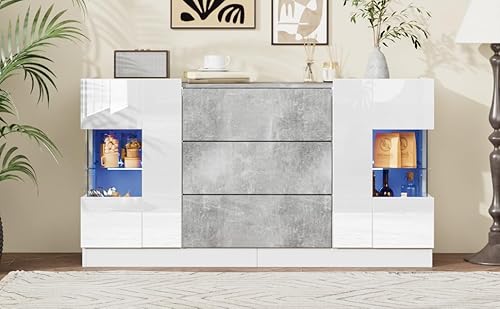 Elegant Sideboard 140 x 35 x 75 cm mit 2 Türen und 3 Schubladen, hochglänzende weiße Fronten und Grauer Marmorlook, LED-Beleuchtung mit 16 Farben Elegant Sideboard 140 x 35 x 75 cm mit 2 Türen und 3 Schubladen, hochglänzende weiße Fronten und Grauer Marmorlook, LED-Beleuchtung mit 16 Farben von MURUL