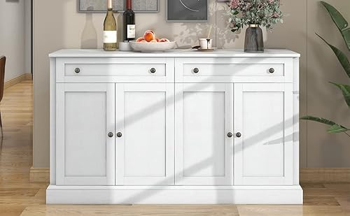 Großes Sideboard mit 4 Türen und 2 Schubladen, moderner Buffetschrank für Esszimmer und Wohnzimmer, 150 x 40 x 86 cm (L/B/H) – (Antikweiß) von MURUL