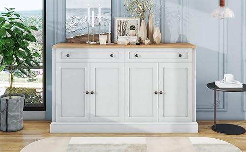 Großes Sideboard mit 4 Türen und 2 Schubladen, moderner Buffetschrank für Esszimmer und Wohnzimmer, 150 x 86 x 40 cm (L/B/H) – (Antikweiß+Naturholz) von MURUL