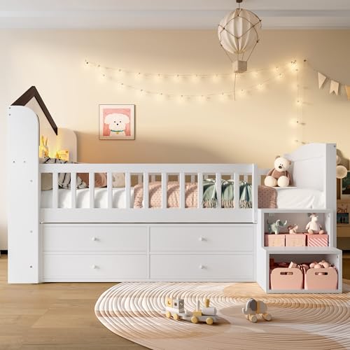 Hausbett 90x200cm Halbhohes Fenster 4 Schubladen LED-Lichtleiste Lagerleiter ohne Matratze Weiß von MURUL