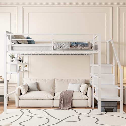 Hochbett, 140x200cm, Einlegeböden, Stauraumleiter, Freiraum unter dem Bett zum Verkleiden, Geländer, ohne Matratze, Weiß von MURUL