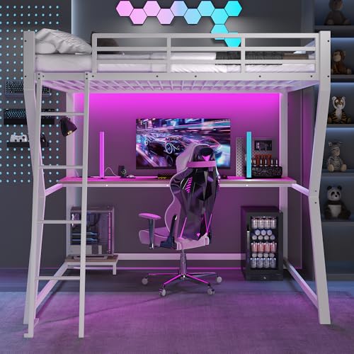 Hochbett 140 * 200 cm Mit LED-Leuchten Computerkonsolenablage Schreibtisch Steckdose+USB Geländer Treppe ohne Matratze Weiß von MURUL