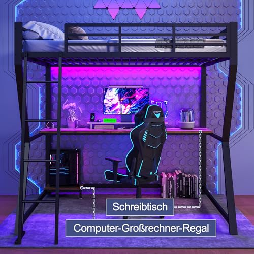 Hochbett 140 * 200cm Mit LED-Leuchten Computerkonsolenablage Schreibtisch Steckdose+USB Geländer Treppe ohne Matratze Schwarz von MURUL