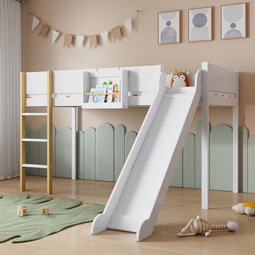 Hochbett Kinderbett Jugendbett 90x200 cm mit Rutsche Weiß Natur Kiefer MDF mit Gerader Leiter und Abnehmbarem Regal von MURUL