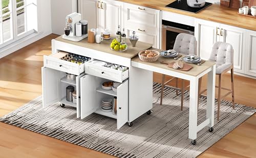 Kücheninsel Auf Rollen, Ausziehbarer Essbereich Mit Arbeitsplatte, Schubladen, Mobil Freistehend, Ideal Für Küche Esszimmer (Weiß+Natur) von MURUL