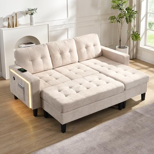 L-Form Wohnzimmer-Sofagruppe Multifunktionale: Dreisitzer-Sofa + Zweisitzer-Fußbank Kombi mit extra großer beweglicher Fußbank + LED-Ambiente-Beleuchtung, Modernes modulares Sofabett von MURUL