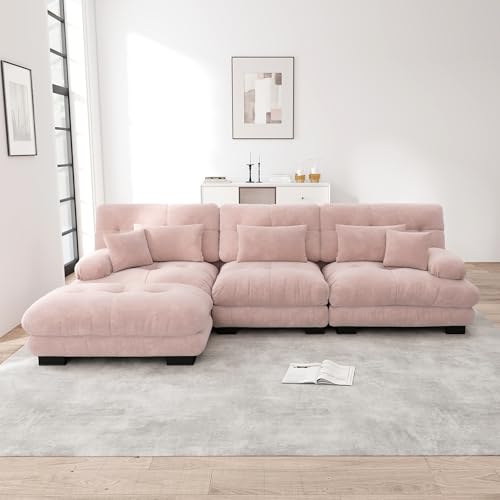 Luxuriöses Ecksofa Modular - Übergroß L-förmig Cloud Couch für Wohnzimmer, Tief Schlafsofa mit Ottoman, Cord, Chenille Rosa von MURUL