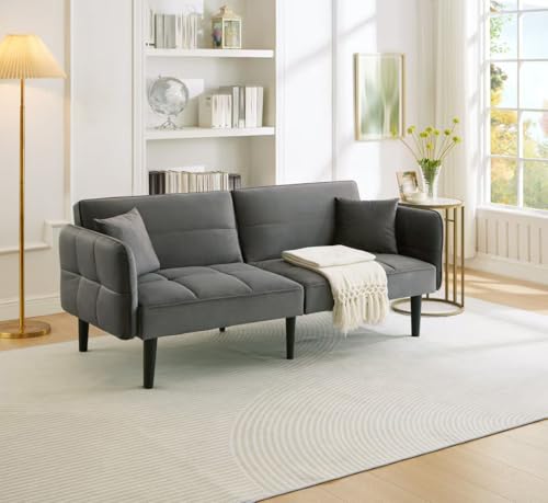 MURUL 2-in-1 Verstellbares Schlafsofa – Zweisitzer mit Samtbezug,ideal für kleine Räume, klappbaren Armlehnen & Schlaffunktion (Grau) von MURUL