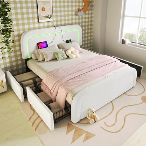 MURUL Bettgestell 160x200cm mit USB Typ C Ladefunktion LED-Beleuchtung und 4 Schubladen, Doppelbett Polsterbett, Höhenverstellbarem Kopfteil, Lattenrost aus Holz, Sherp-Weiß (Ohne Matratze) von MURUL