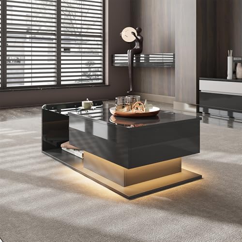 MURUL Couchtisch Hochglanz Schwarz Beistelltisch Mit Glasplatte und Effekt von MURUL