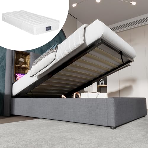 Einzelbett 90 x 200 cm mit Kabellosem Laden USB C, Polsterbett Bettgestell,Bettgestell mit Stauraum Lattenrost aus Holz-Grau Baumwolle (Mit Matratze) von MURUL