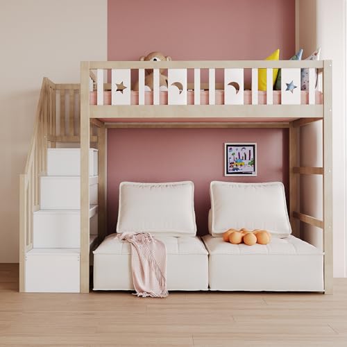 MURUL Hochbett 90 * 200 Kinder mit Stauraum Kletterleiter Massivholz Einzelbett mit Sicherheitsgeländern Stern- und Monddekoration Holzfarbe von MURUL