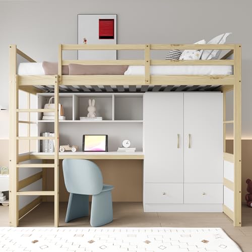 MURUL Hochbett 90 x 200 cm, Mit Leiter, Mit Schreibtisch mit Stauraum, Mit Kleiderschrank und Schubladen, Kinderbett, Jugendbett, Einzelbett, Holzfarbe von MURUL