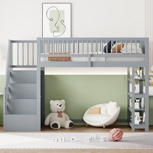 MURUL Hochbett 90 x 200 cm Mit Kleiderschrank Regalen Stauraum Sicherheitskletterleiter Grau von MURUL