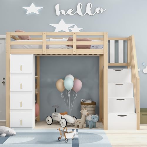 MURUL Hochbett Massivholz 90 x 200 cm Mit Stauraumschubladen Regal Sicherer Leiter Holzfarbe von MURUL