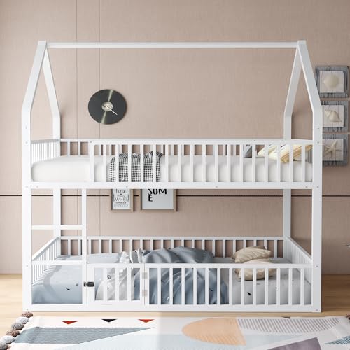 MURUL Kinder-Etagenbett 140 * 200, Metall-Doppelbett, Kinder-Familienbett, Etagenbett mit Treppe, Loft-Design, Unteres Bett mit Kleiner Tür zum Öffnen und Schließen, Weiß von MURUL