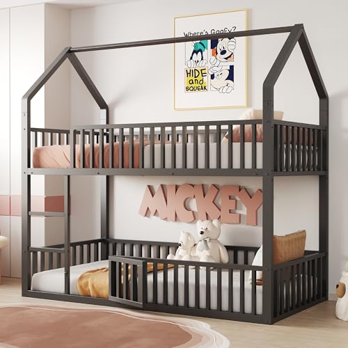 MURUL Kinder-Etagenbett 90 * 200, Metall-Doppelbett, Kinder-Familienbett, Etagenbett mit Treppe, Loft-Design, Unteres Bett mit Kleiner Tür zum Öffnen und Schließen, Schwarz von MURUL