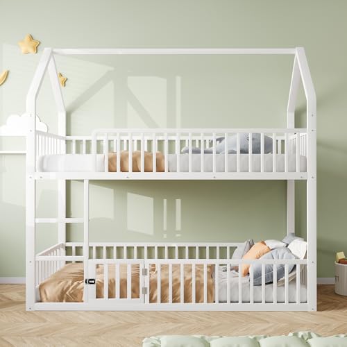 MURUL Kinder-Etagenbett 90 * 200, Metall-Doppelbett, Kinder-Familienbett, Etagenbett mit Treppe, Loft-Design, Unteres Bett mit Kleiner Tür zum Öffnen und Schließen, Weiß von MURUL