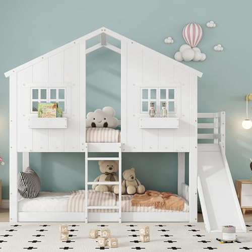 MURUL Kinderbett 90x200cm Etagenbett Mit Kinderrutsche Mit Dach und Fenster mit Fallschutzgitter mit dreistufiger Leiter Kiefer+MDF Weiß von MURUL