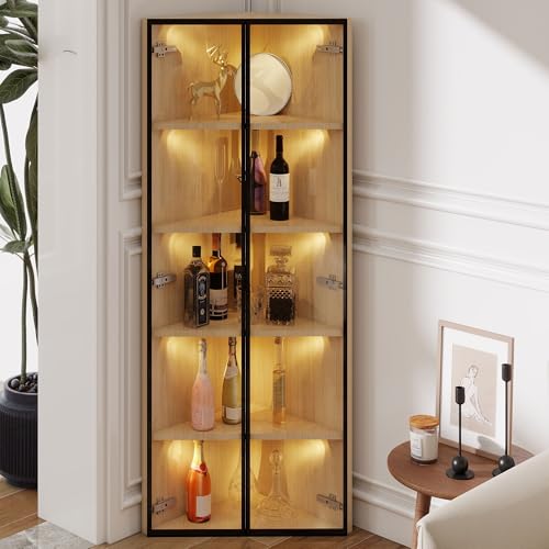 MURUL LED Glasvitrine 62x35x160cm Eiche Außenseite Integrierte Lichtleiste Staubdichter Gehäuse Gehärtetes Glas Eckvitrine Tür Sammlungsvitrine Bücherregal Weinschrank Badezimmerschrank von MURUL