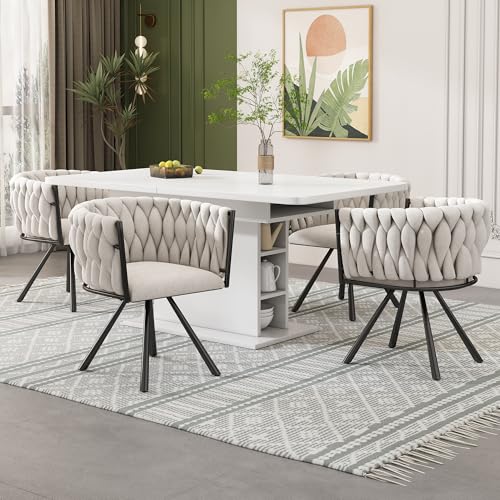 MURUL Leinen-Esszimmerstuhl, 4er Set, einzelner Heller Luxus-Wohnzimmer-Schlafzimmer-Drehstuhl, Freizeit-Drehstuhl mit Vier Stützbeinen aus Metall,Leinen beige und schwarz von MURUL