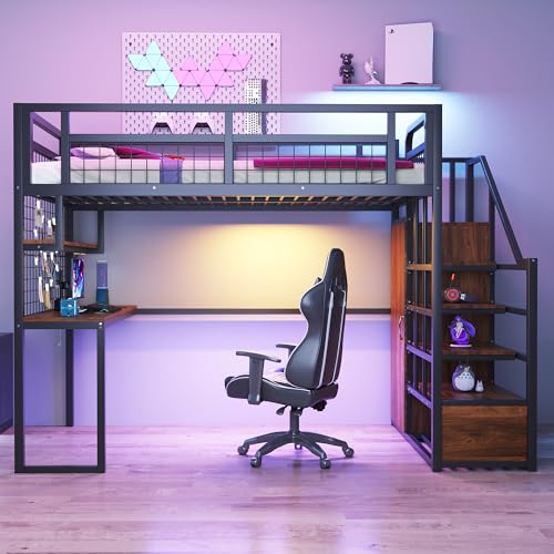 MURUL Metall-Hochbett 140 x 200 cm Mit Aufbewahrungsleiter und Einfachem Kleiderschrank, Mit Ablage, Tisch und Netzregal. Stabiler Metallrahmen, Hochbett, Schwarz von MURUL