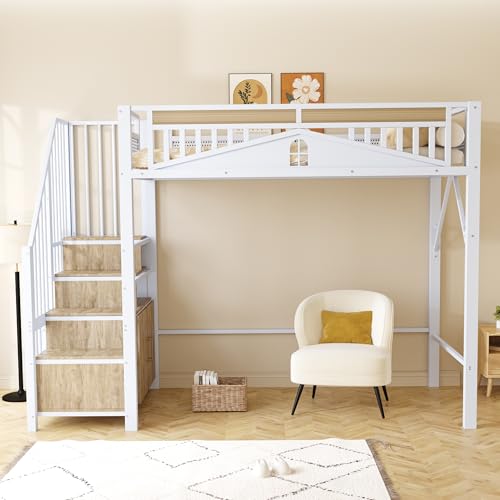 MURUL Metall-Hochbett 90 x 200 cm Einzigartiges Sicherheitsgehäuse mit Fenster Sicherheitsleiter mit Spind Weiß von MURUL