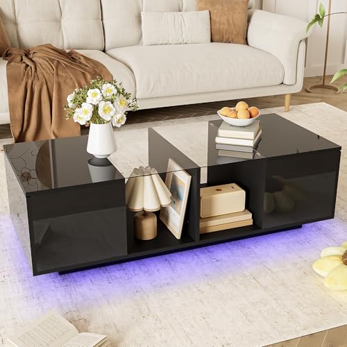 MURUL Moderner schwarzer Couchtisch mit LED-Beleuchtung,120×50×38.5 cm, hochglänzender Tischplatte (schwarz) von MURUL