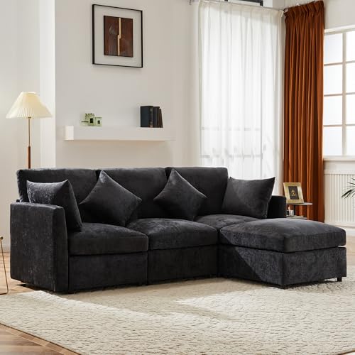MURUL Modernes Design, Chenille-Stoffsofa, Dreisitzer-Sofa, Viersitzer-Sofa, L-förmiges Ecksofa mit Fußhocker, geeignet für Wohnungen, Video verfügbar [Old SKU:N653P37858687G] von MURUL