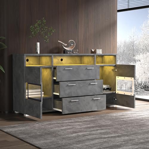 MURUL Modernes Sideboard, 140 cm, grau, mit LED-Beleuchtung und transparenten Acryltüren, 2 Türen, 3 Schubladen Plus offener Stauraum, Unterschrank, Stauschrank, Sideboard, Eckschrank MURUL Modernes Sideboard, 140 cm, grau, mit LED-Beleuchtung und transparenten Acryltüren, 2 Türen, 3 Schubladen Plus offener Stauraum, Unterschrank, Stauschrank, Sideboard, Eckschrank von MURUL