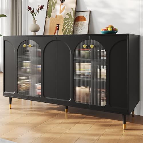 MURUL Modernes und Schlichtes schwarzes Sideboard (140 x 40 x 85 cm), Changhong-Glastür-Design, mit dekorativen Metalldetails, viel Stauraum, geeignet für Esszimmer, Wohnzimmer oder Küche von MURUL