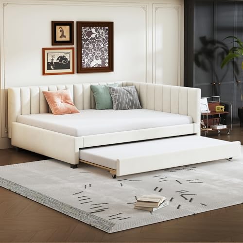 MURUL Polsterbett 140x200, Ausziehbares Schlafsofa, Multifunktionsbett mit Lattenrost, Jugendbetten Kinderbetten Gästebetten, Samtstoff Beige von MURUL