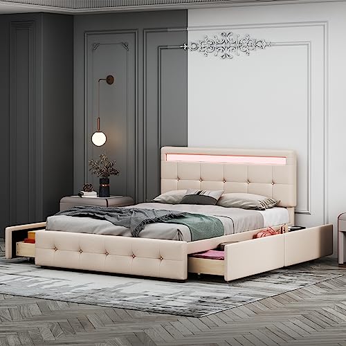 MURUL Polsterbett 140x200cm mit LED, Lattenrost & Bettkasten auf Rollen, hautfreudliches Leinen-Oberfläche Kinderbett Jugendbett Gästebett,Einzelbett mit Kopfteil & 4 Schubladen (beige) von MURUL
