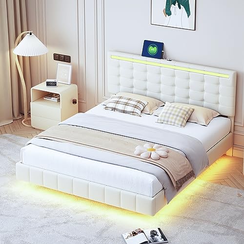 MURUL Polsterbett 160 x 200 cm, gepolsterter Schwebebettrahmen mit LED-Leuchten und Kopfteildesign, flächiges Doppelbett-Gästebett in hautfreundlichem Leinen Beige von MURUL