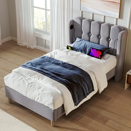 Polsterbett Einzelbett 90 x 200 cm mit USB Typ C Ladefunktion, Bettgestell mit Lattenrost, Gepolstertes Bett in Grau, Bettrahmen Jugendbett für Schlafzimmer Gästezimmer-Leinenmaterial von MURUL