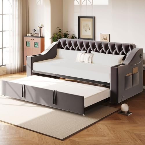 MURUL Polsterbett Schlafsofa, 90/180x190 cm, Breitere und Dickere Armlehnen mit USB-Ladeanschluss, Integrierte Ablage in den Armlehnen, Mit Ablagetaschen, Mit Lattenrost, Samtstoff MURUL Polsterbett Schlafsofa, 90/180x190 cm, Breitere und Dickere Armlehnen mit USB-Ladeanschluss, Integrierte Ablage in den Armlehnen, Mit Ablagetaschen, Mit Lattenrost, Samtstoff von MURUL