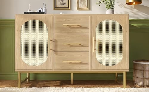 MURUL Rattan kommode 120 x 40 x 74 cm Sideboard mit 3-Schubladen und 2-Rattan-Türer, komodenschrank, Schminktisch, für Schlafzimmer und Wohnzimmer, Verstellbare Regale, Kippschutz, Sonoma Eiche von MURUL