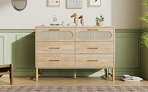 MURUL Rattan kommode 120 x 40 x 74 cm Sideboard mit 6 Schubladen, komodenschrank, Schminktisch, für Wohnzimmer und Schlafzimmer, Metallgriffe, Kippschutz, Sonoma Eiche von MURUL