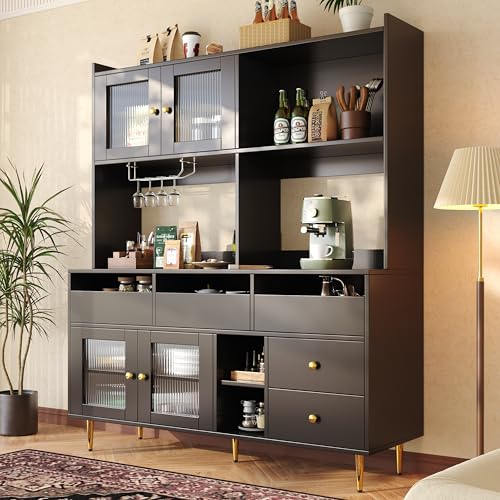 MURUL Restaurant-Hochschrank (145 x 39 x 171 cm), modernes und Schlichtes Design, mit Changhong-Glastür, mehrschichtiger Stauraum, ruhiges Schwarz mit Golddekoration, geeignet für Restaurants von MURUL