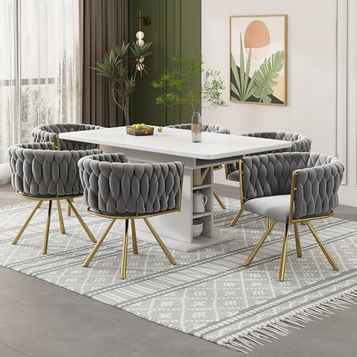 MURUL Samt-Esszimmerstuhl, 6er Set, einzelner Heller Luxus-Wohnzimmer-Schlafzimmer-Drehstuhl, Freizeit-Drehstuhl mit Vier Stützbeinen aus Metall,Grau und Gold von MURUL