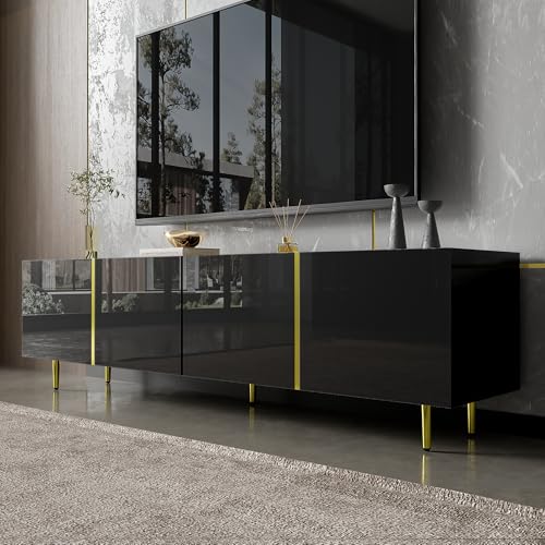 MURUL Schwarzes Hochglanz-TV-Schrank mit 4 Türen, in Schwarz-Gold-Farbkombination, modern und schlicht von MURUL