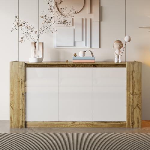 MURUL Sideboard, Schränke in Hochglanzweiß und Holz, griffloses Design, abgeschrägte Türen, die gleichzeitig als Griffe dienen, sanft schließende Scharniere und verstellbare Regale MURUL Sideboard, Schränke in Hochglanzweiß und Holz, griffloses Design, abgeschrägte Türen, die gleichzeitig als Griffe dienen, sanft schließende Scharniere und verstellbare Regale von MURUL
